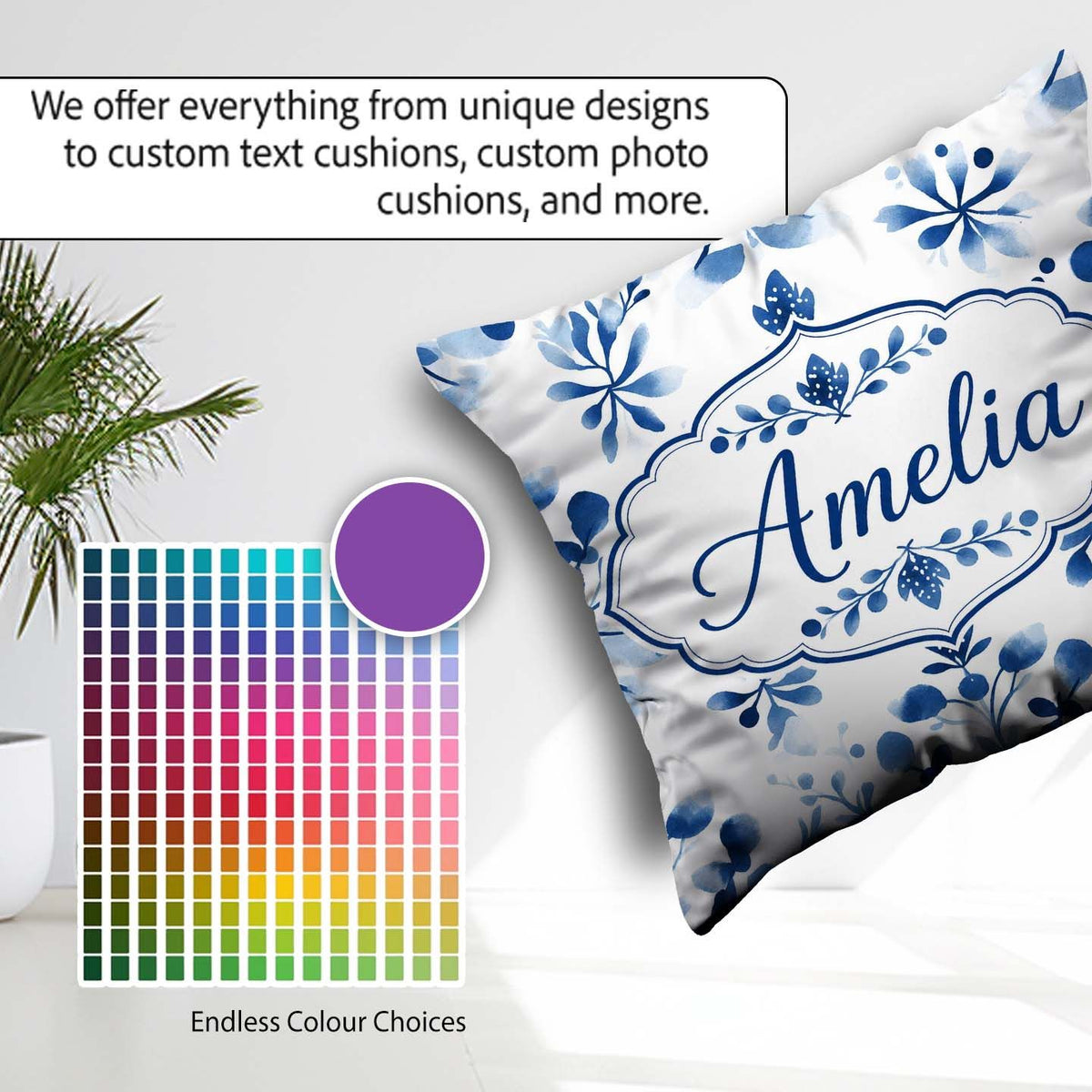 Custom Name Blue Watercolor Snowflake Botanical Seamless Pattern Square Filled Cushion Throw Pillow Sofa Bed Home Decor Zip Washable UK Made