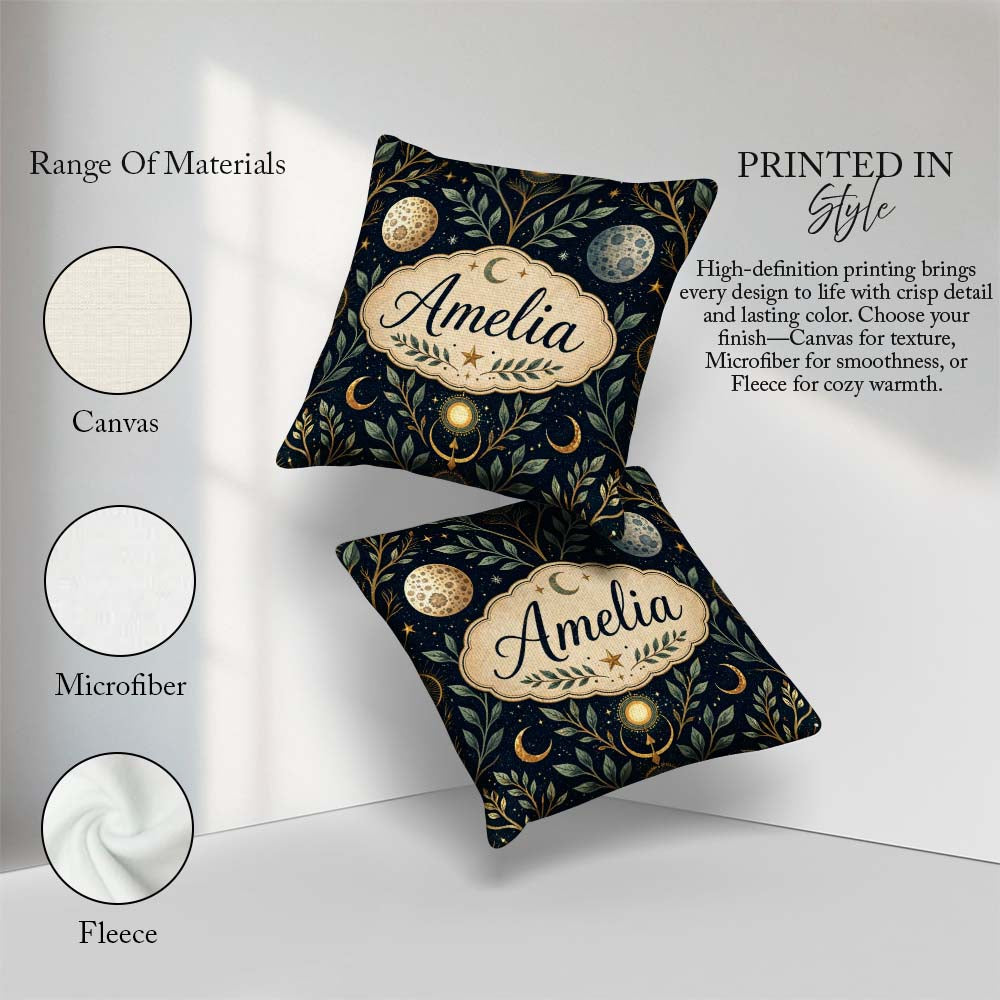 Custom Name Celestial Botanical Moon Phases Sacred Night Pattern Square Filled Cushion Throw Pillow Sofa Bed Home Decor Zip Washable UK Made