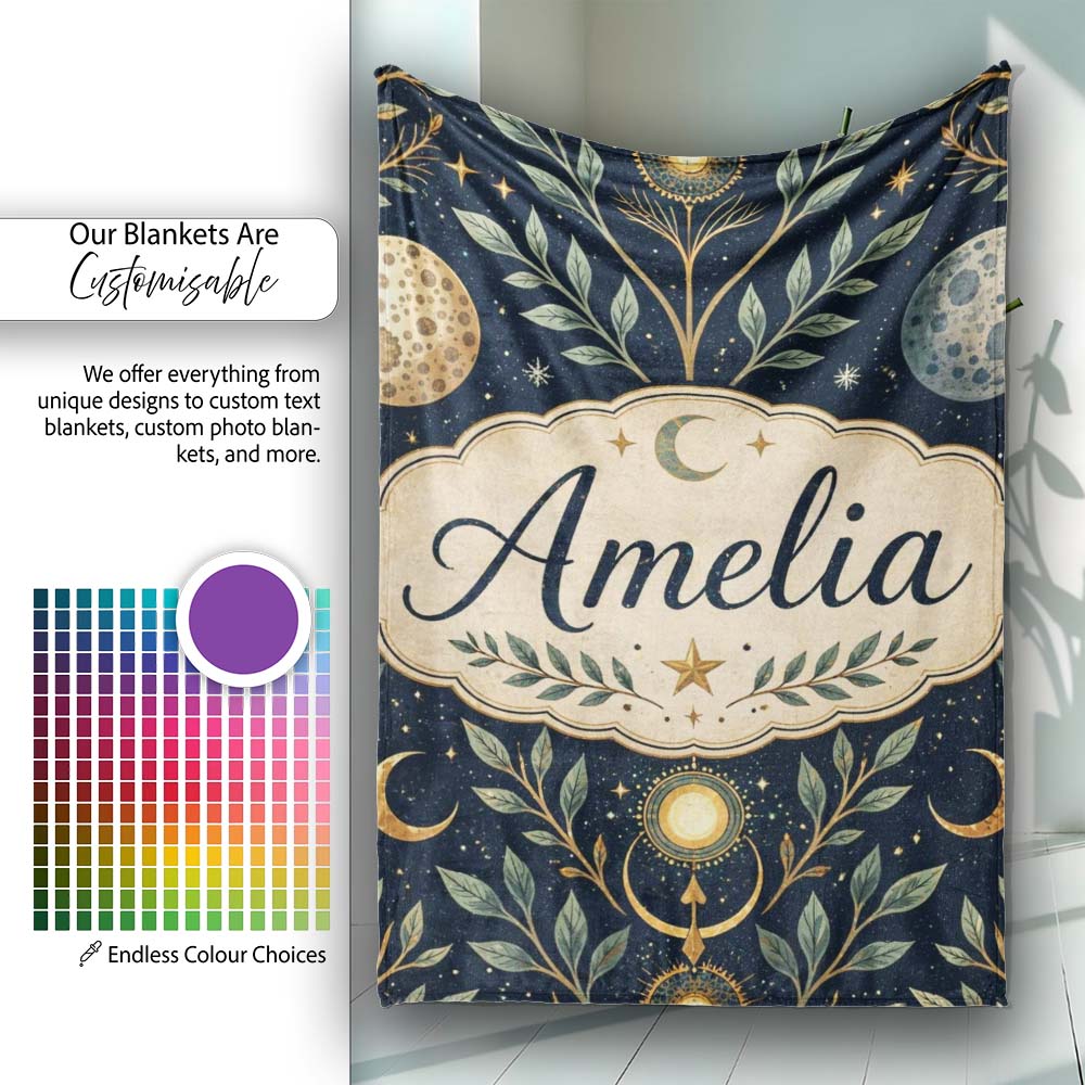 Celestial Botanical Moon Phases Sacred Night Seamless Pattern Lovely Personalised Custom Name Super Soft Fleece Blanket Bed Sofa Throw
