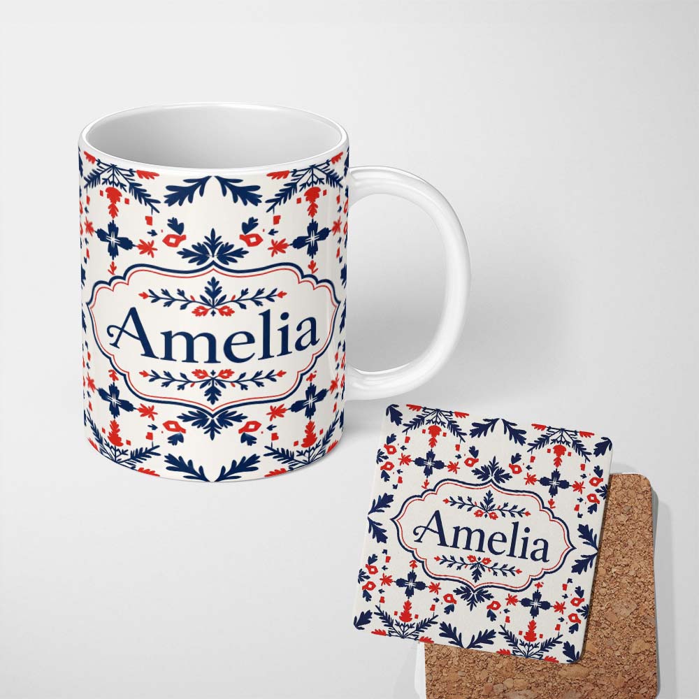 Personalized Custom Name Nordic Folk Art Red Blue Symmetrical Floral Seamless Pattern Name 11oz Ceramic Coffee Tea Mug White Large Handle