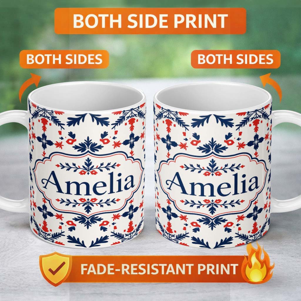 Personalized Custom Name Nordic Folk Art Red Blue Symmetrical Floral Seamless Pattern Name 11oz Ceramic Coffee Tea Mug White Large Handle
