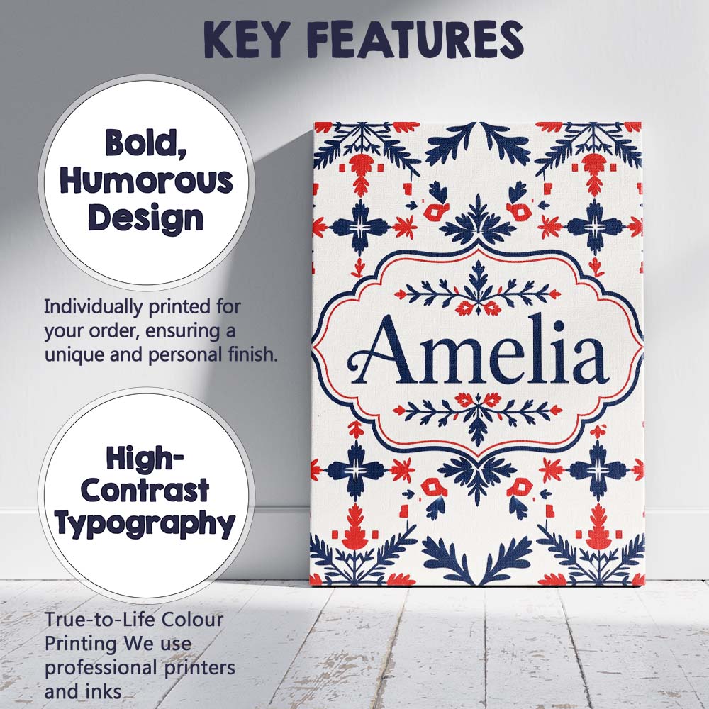 Personalised Name Nordic Folk Red Blue Custom Modern Room Accent Elegant Feature Canvas Wall Art Print Decor Picture Ready to Hang