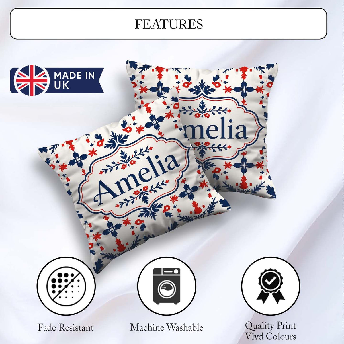 Custom Name Nordic Folk Art Red Blue Symmetrical Floral Seamless Square Filled Cushion Throw Pillow Sofa Bed Home Decor Zip Washable UK Made