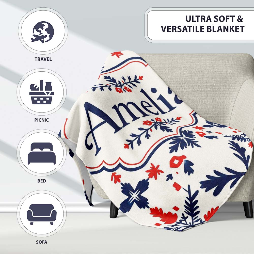 Nordic Folk Art Red Blue Symmetrical Floral Seamless Pattern Name Personalised Custom Name Super Soft Fleece Blanket Bed Sofa Throw