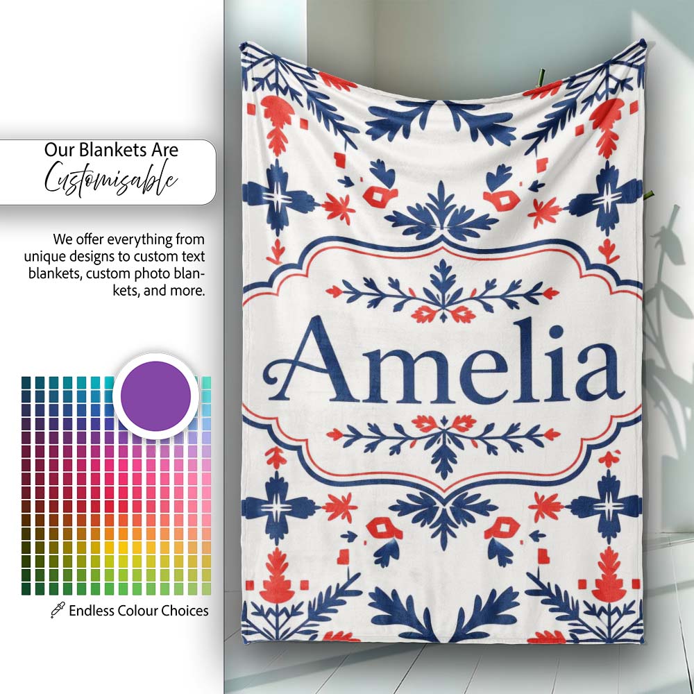 Nordic Folk Art Red Blue Symmetrical Floral Seamless Pattern Name Personalised Custom Name Super Soft Fleece Blanket Bed Sofa Throw