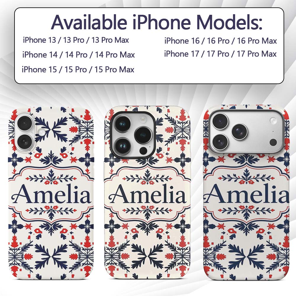 Nordic Folk Art Red Blue Symmetrical Floral Printed Design Custom Name Protective Phone Case Mobile Cover Durable Smartphone Shock Resistant