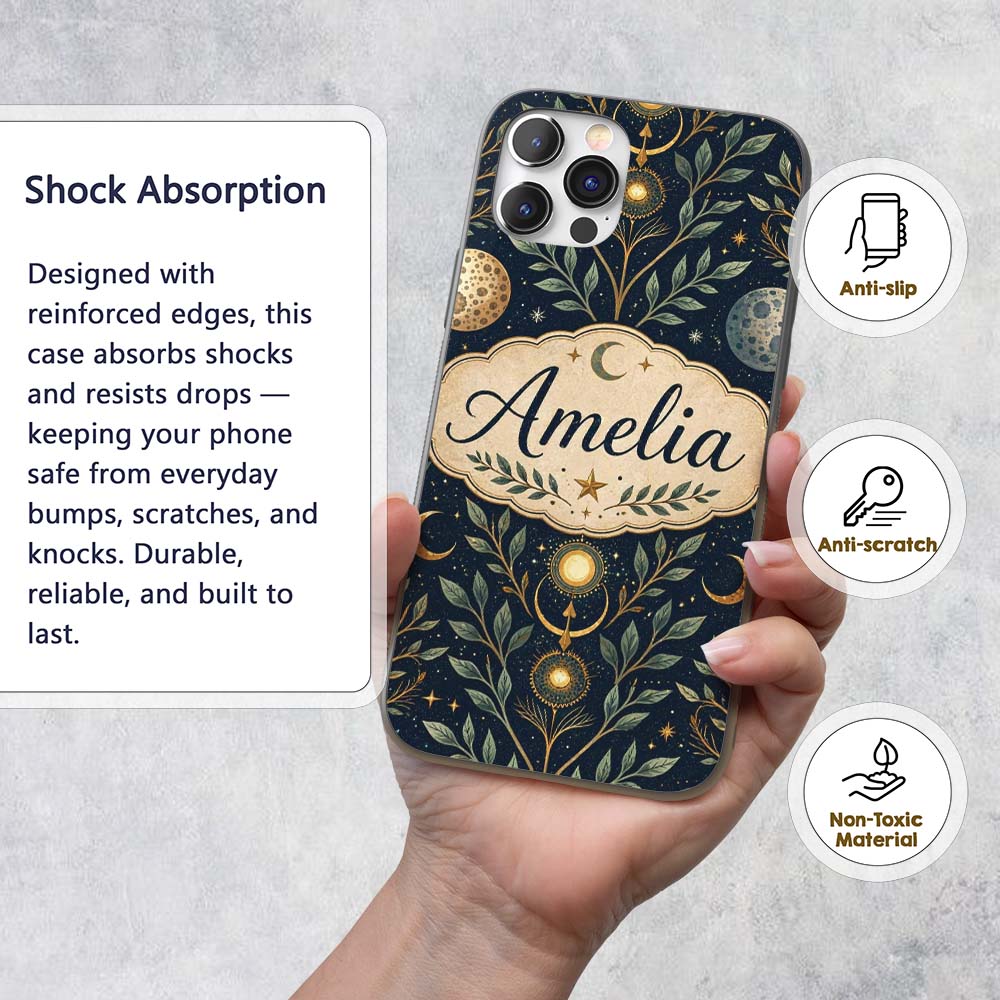 Celestial Botanical Moon Phases Sacred Night Custom Name Protective Phone Case Mobile Cover Durable Everyday Smartphone Shock Resistant