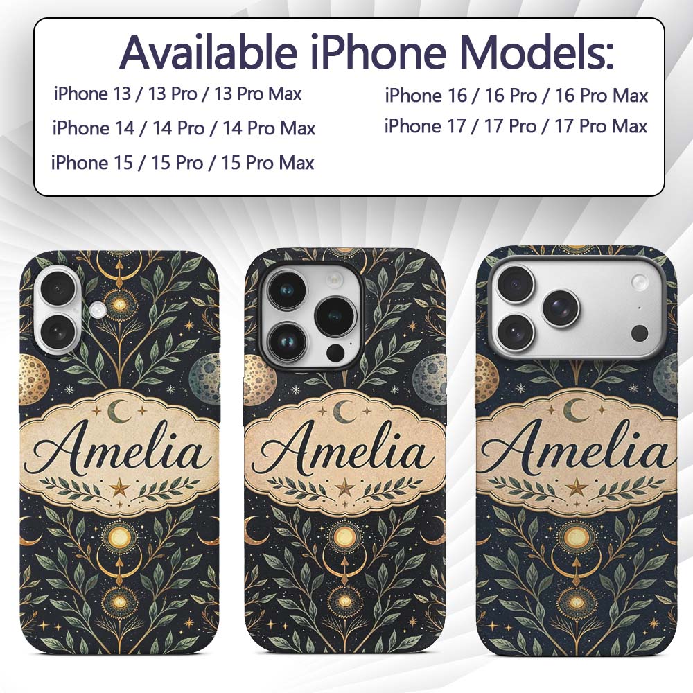 Celestial Botanical Moon Phases Sacred Night Custom Name Protective Phone Case Mobile Cover Durable Everyday Smartphone Shock Resistant