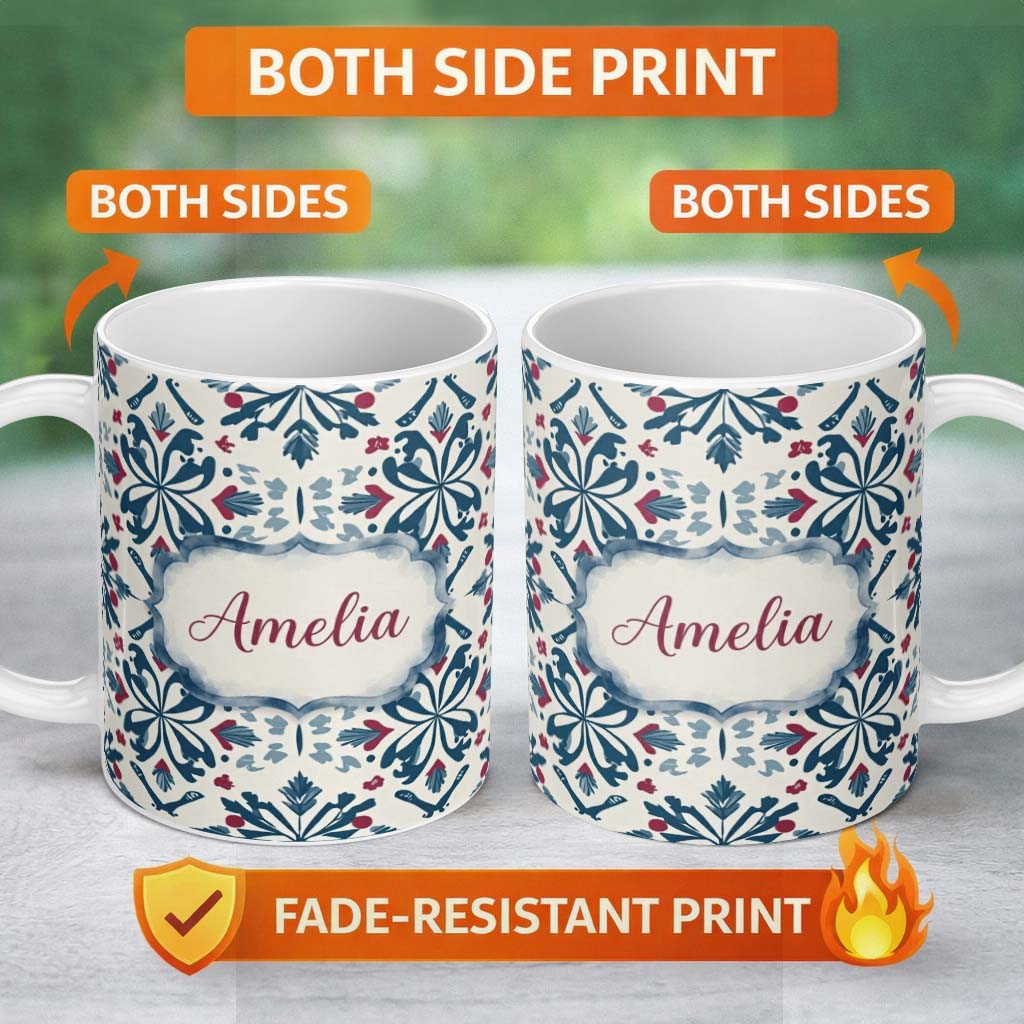 Personalized Custom Name Decorative Folk Floral Symmetry Blue Red Seamless Pattern Custom 11oz Ceramic Coffee Tea Mug White Large Handle
