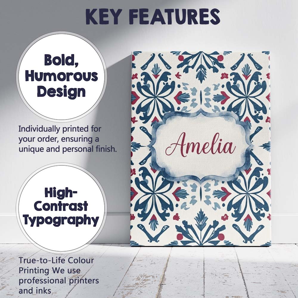 Personalised Name Decorative Folk Floral Custom Unique Gift Idea Elegant Feature Canvas Wall Art Print Decor Picture Ready to Hang