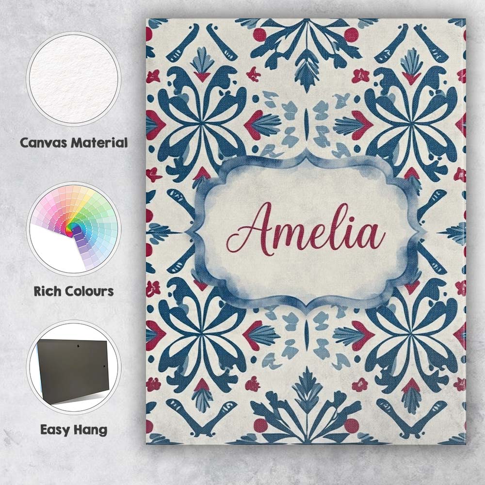 Personalised Name Decorative Folk Floral Custom Unique Gift Idea Elegant Feature Canvas Wall Art Print Decor Picture Ready to Hang