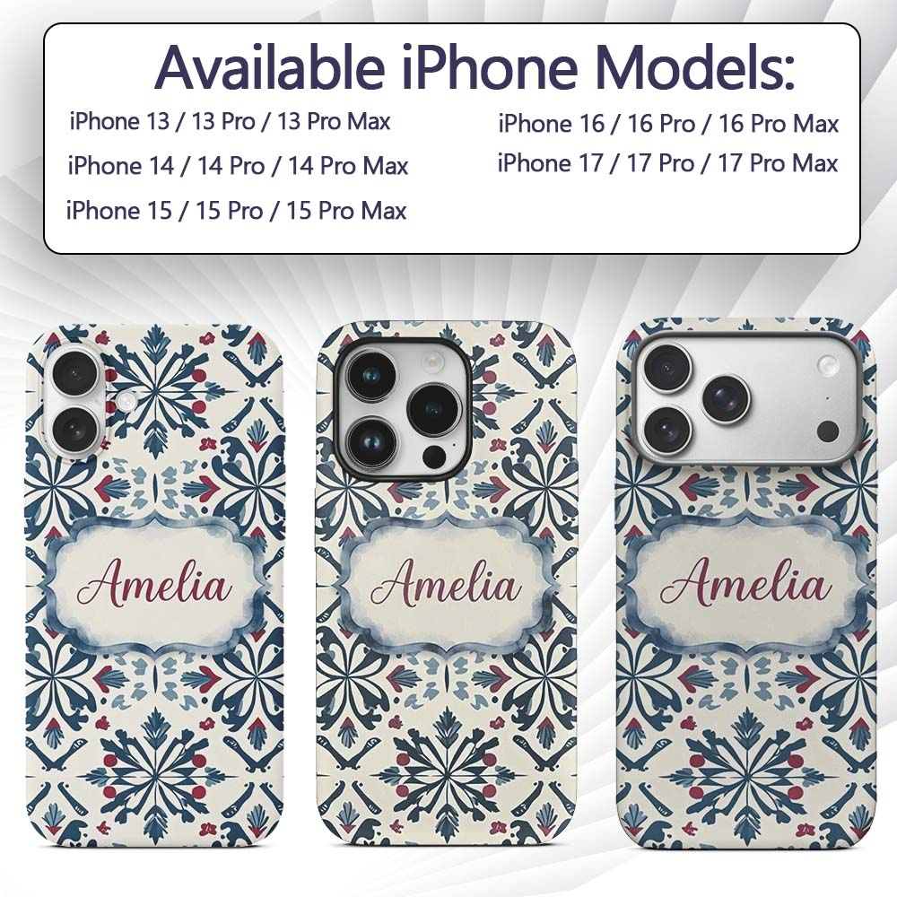 Decorative Folk Floral Symmetry Blue Red Seamless Custom Name Protective Phone Case Mobile Cover Durable Everyday Smartphone Shock Resistant