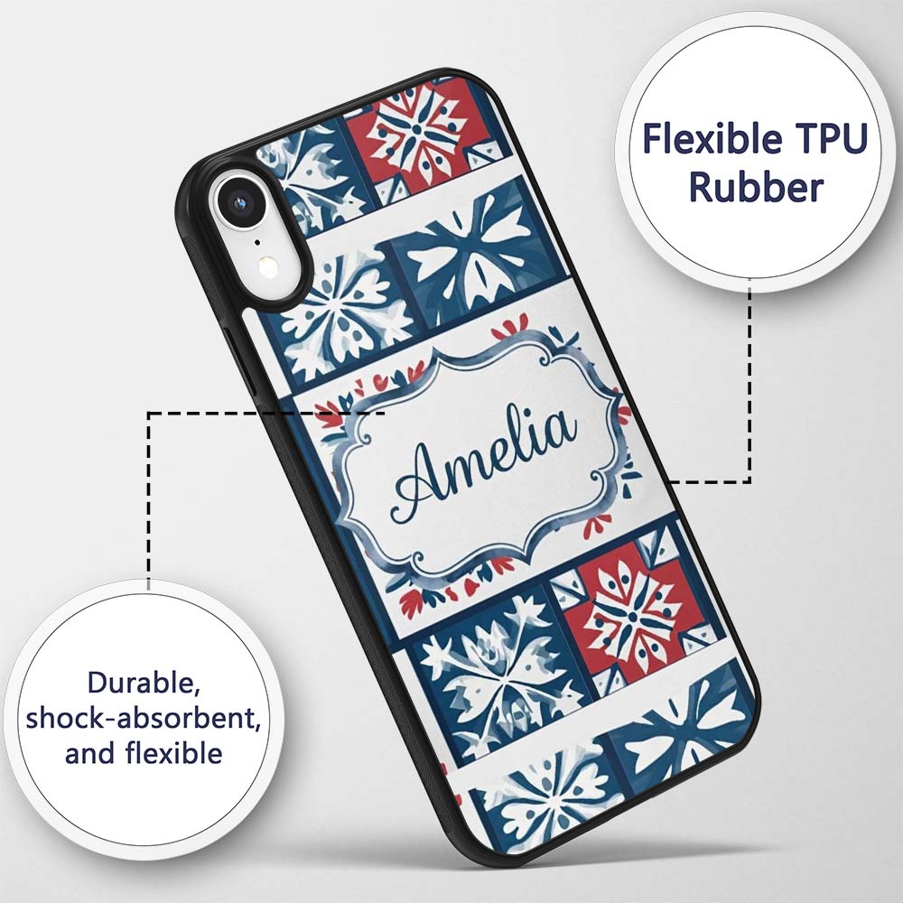 Patchwork Folk Tile Snowflake Blue Red Seamless Custom Name Protective Phone Case Mobile Cover Durable Everyday Smartphone Shock Resistant
