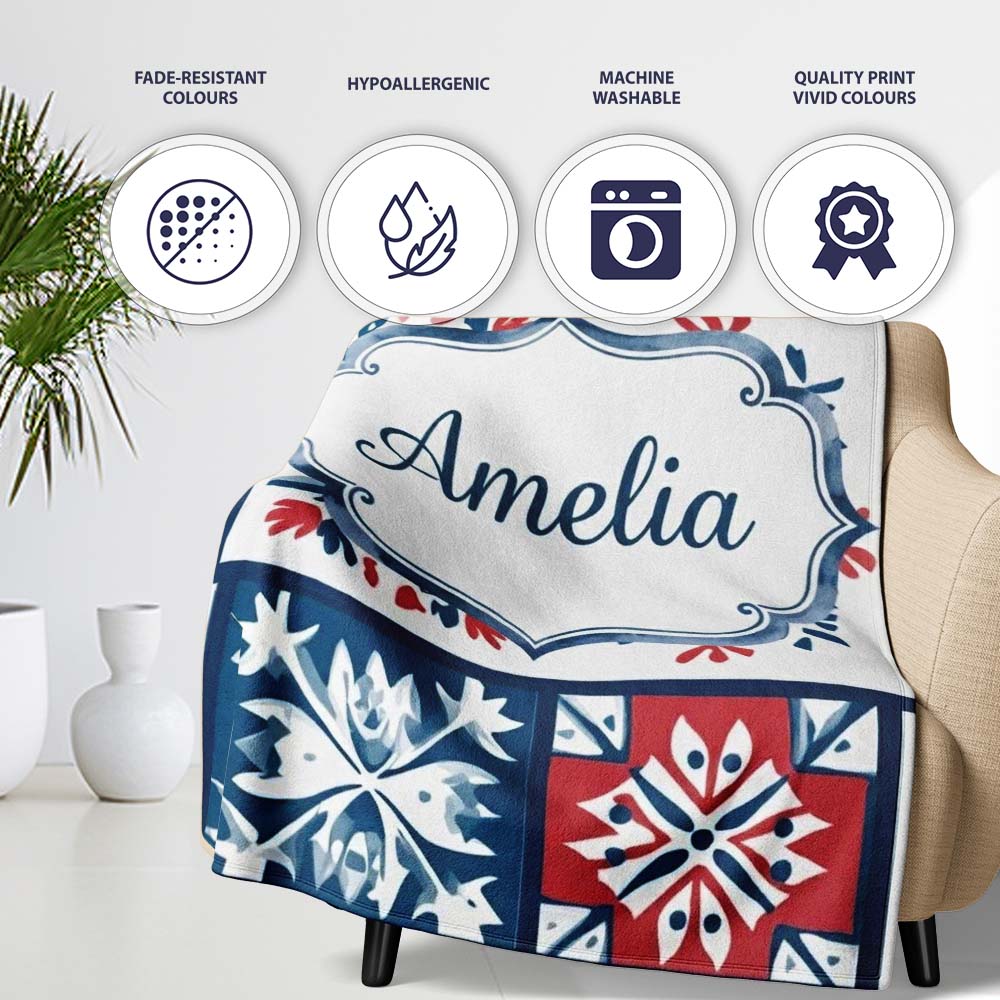 Patchwork Folk Tile Snowflake Blue Red Seamless Pattern Name Cute Personalised Custom Name Super Soft Fleece Blanket Bed Sofa Throw