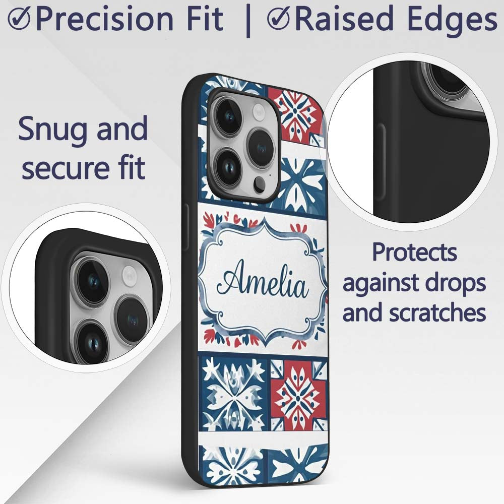 Patchwork Folk Tile Snowflake Blue Red Seamless Custom Name Protective Phone Case Mobile Cover Durable Everyday Smartphone Shock Resistant