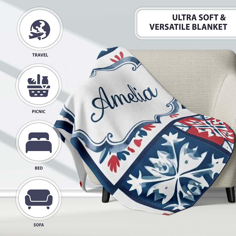 Patchwork Folk Tile Snowflake Blue Red Seamless Pattern Name Cute Personalised Custom Name Super Soft Fleece Blanket Bed Sofa Throw