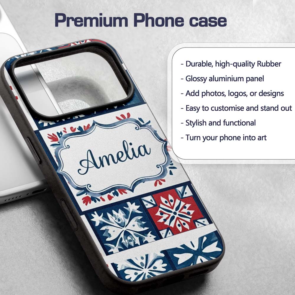 Patchwork Folk Tile Snowflake Blue Red Seamless Custom Name Protective Phone Case Mobile Cover Durable Everyday Smartphone Shock Resistant