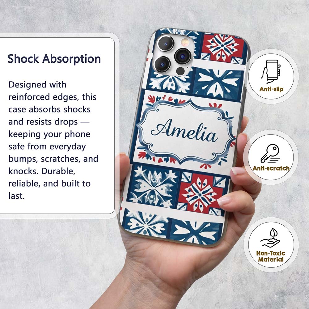 Patchwork Folk Tile Snowflake Blue Red Seamless Custom Name Protective Phone Case Mobile Cover Durable Everyday Smartphone Shock Resistant