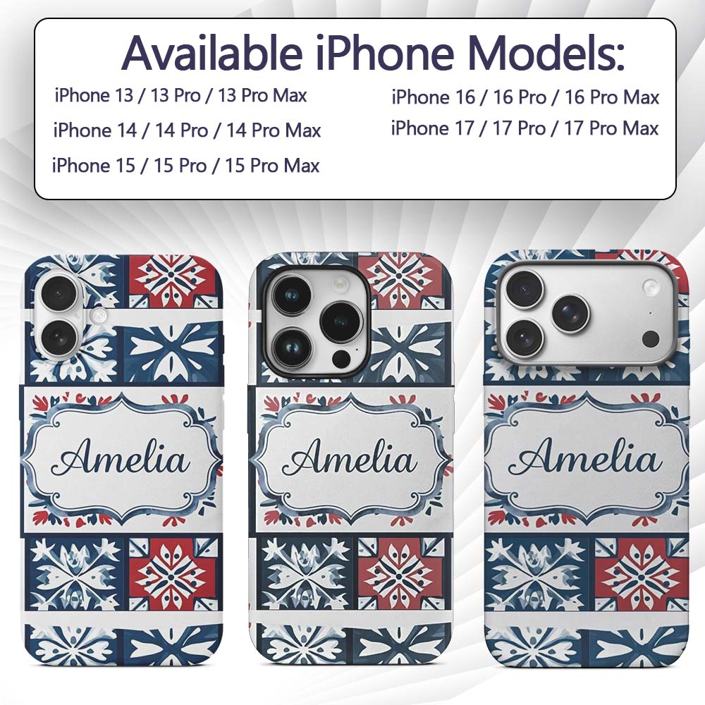 Patchwork Folk Tile Snowflake Blue Red Seamless Custom Name Protective Phone Case Mobile Cover Durable Everyday Smartphone Shock Resistant