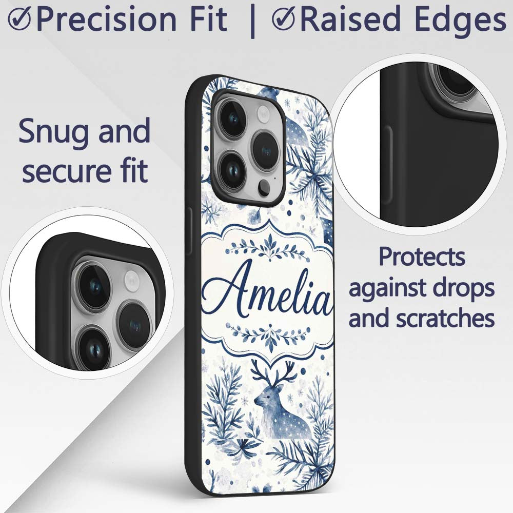 Winter Woodland Deer Snowflake Blue Seamless Custom Name Protective Phone Case Mobile Cover Durable Everyday Smartphone Shock Resistant