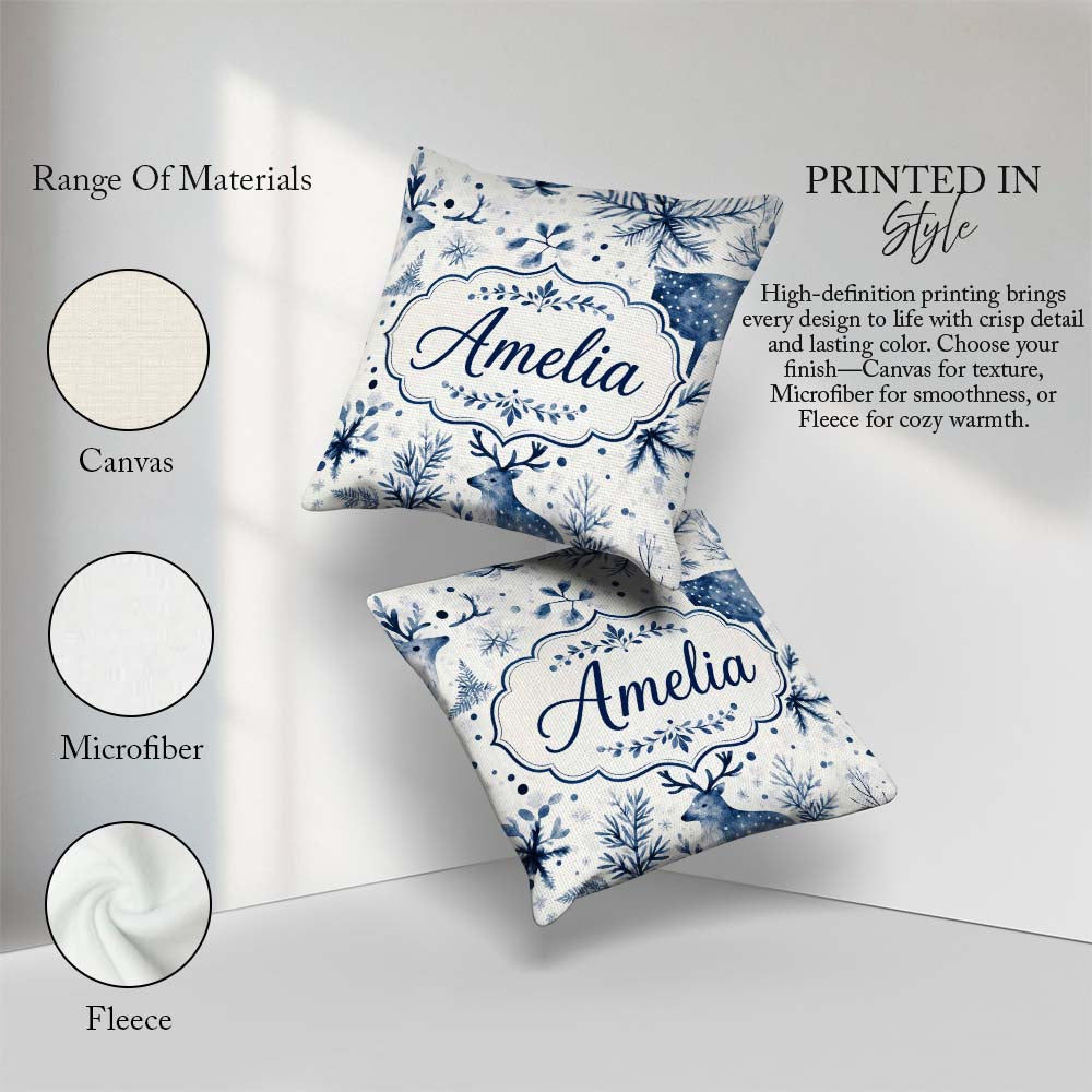 Custom Name Winter Woodland Deer Blue Seamless Pattern Name Cute Square Filled Cushion Throw Pillow Sofa Bed Home Decor Zip Washable UK Made