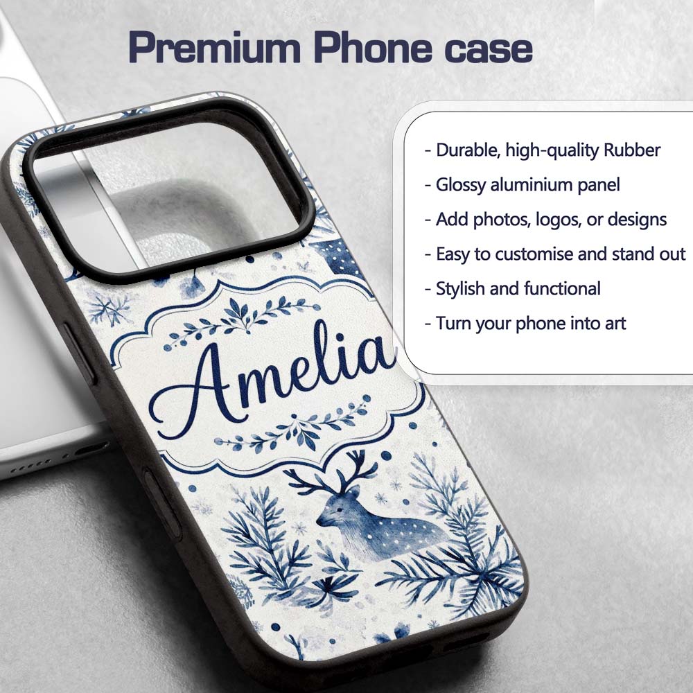 Winter Woodland Deer Snowflake Blue Seamless Custom Name Protective Phone Case Mobile Cover Durable Everyday Smartphone Shock Resistant