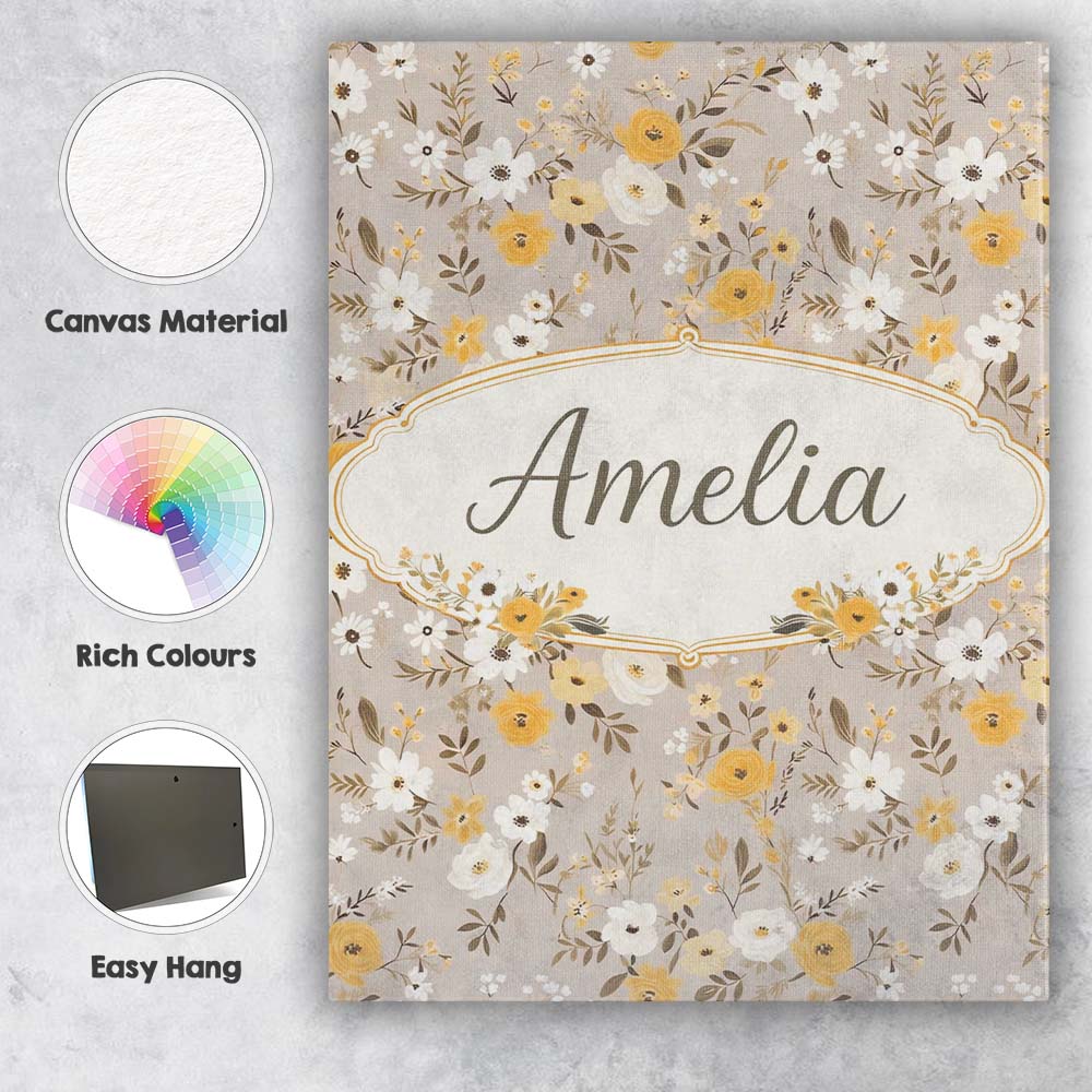 Personalised Name Yellow White Floral Meadow on Beige Seamless Custom Modern Room Accent Canvas Wall Art Print Decor Picture Ready to Hang