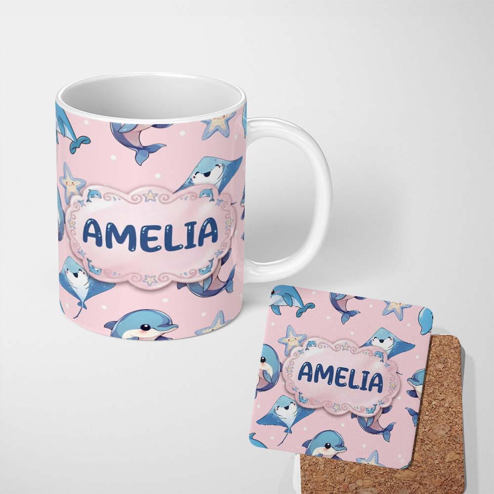 Personalized Custom Name Cute Dolphin Stingray Starfish Cartoon Sea Life Pattern Pink Lovely 11oz Ceramic Coffee Tea Mug White Large Handle