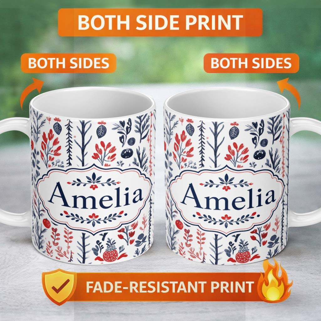 Personalized Custom Name Hand Drawn Botanical Winter Leaves Red Blue Seamless Pattern Name 11oz Ceramic Coffee Tea Mug White Large Handle