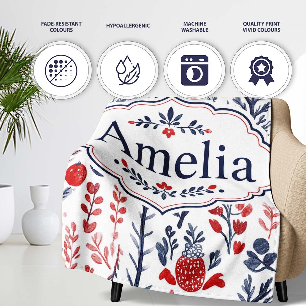 Hand Drawn Botanical Winter Leaves Red Blue Seamless Pattern Name Personalised Custom Name Super Soft Fleece Blanket Bed Sofa Throw
