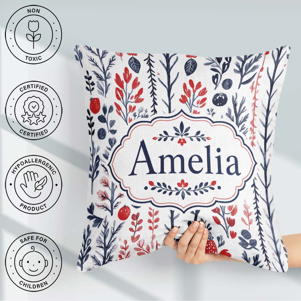 Custom Name Hand Drawn Botanical Winter Leaves Red Blue Seamless Square Filled Cushion Throw Pillow Sofa Bed Home Decor Zip Washable UK Made