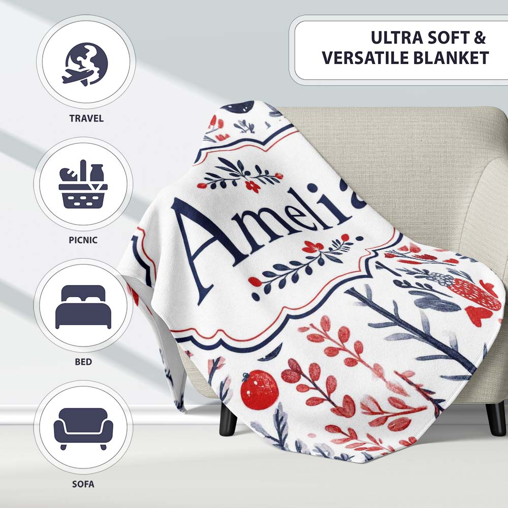 Hand Drawn Botanical Winter Leaves Red Blue Seamless Pattern Name Personalised Custom Name Super Soft Fleece Blanket Bed Sofa Throw