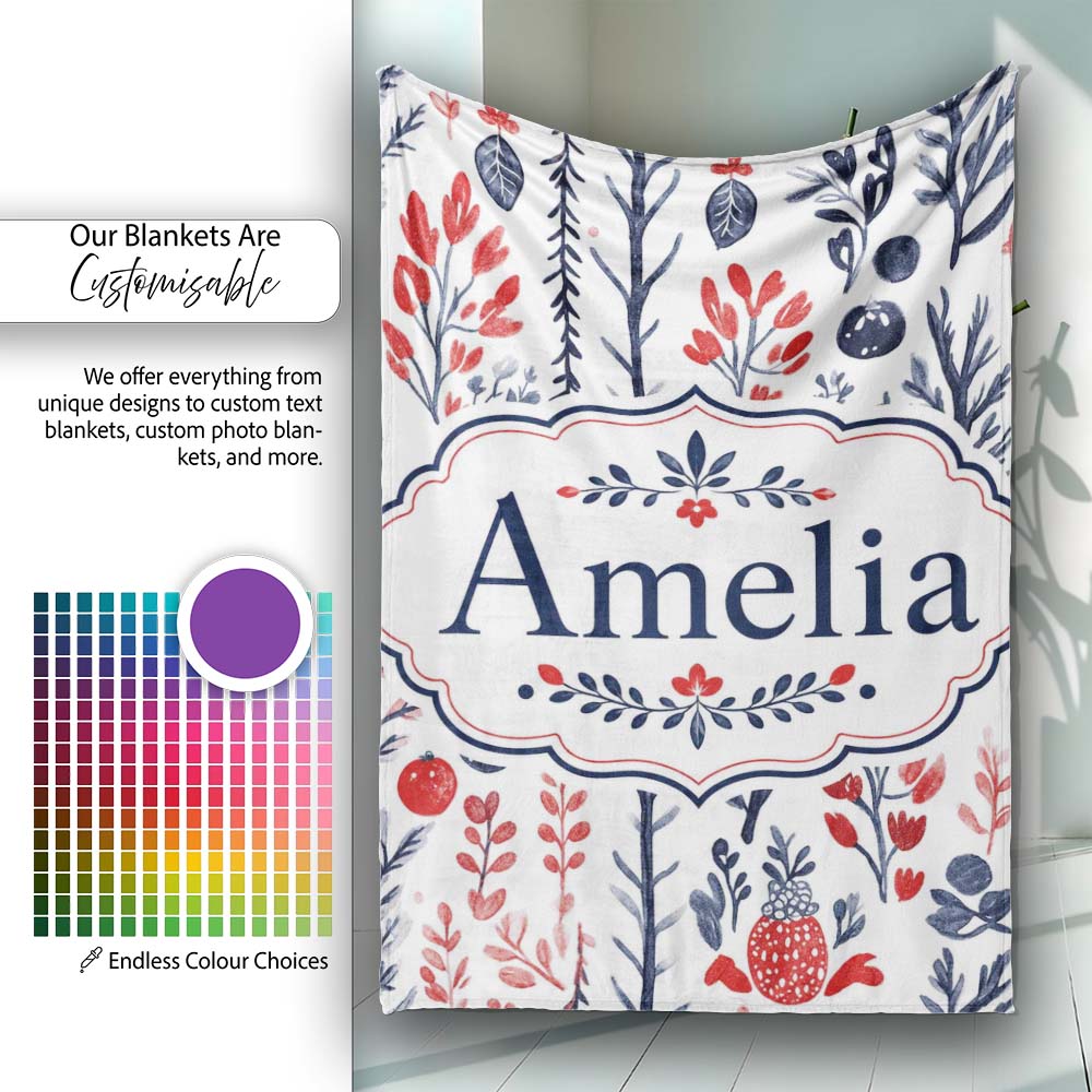 Hand Drawn Botanical Winter Leaves Red Blue Seamless Pattern Name Personalised Custom Name Super Soft Fleece Blanket Bed Sofa Throw