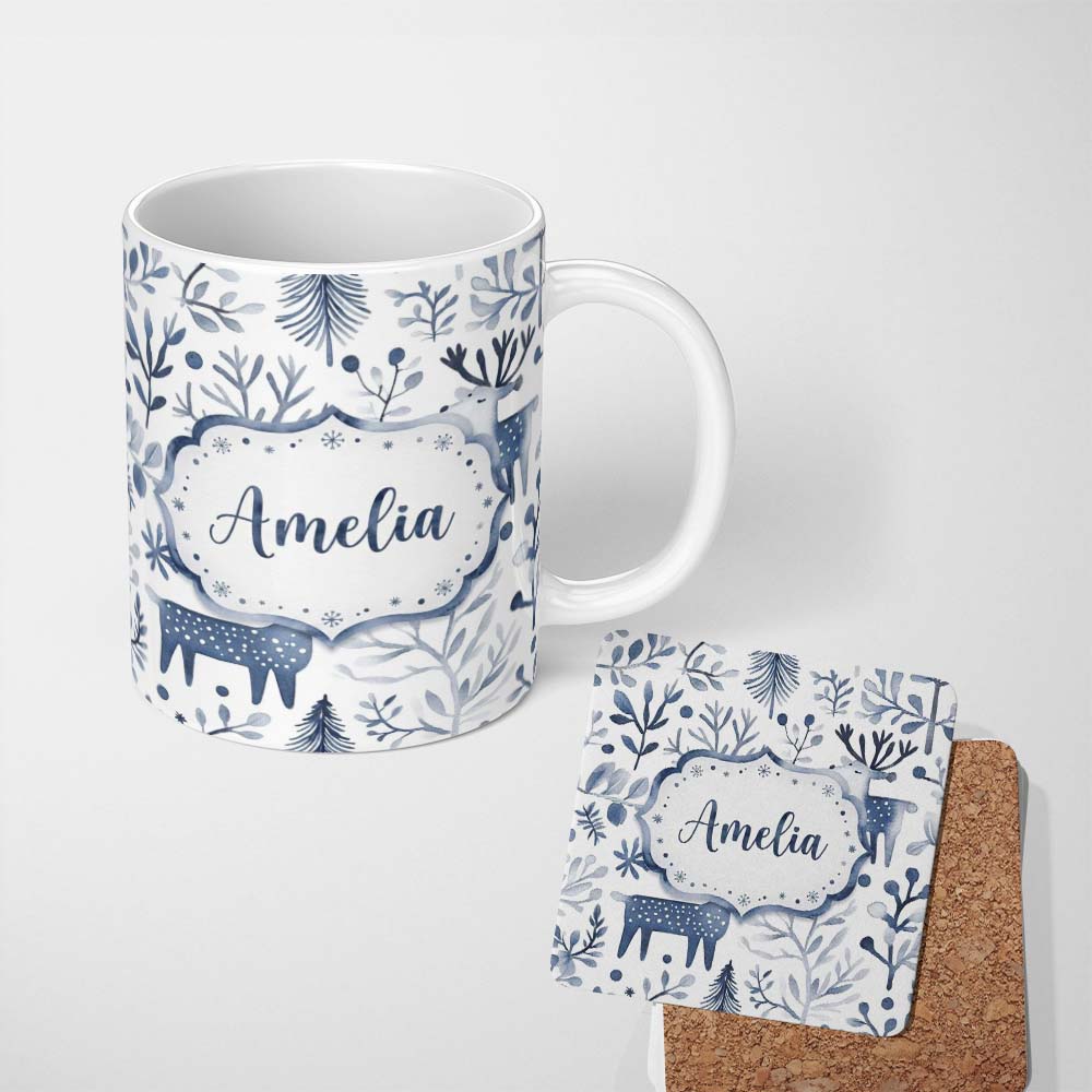 Personalized Custom Name Minimal Nordic Deer Botanical Blue Grey Seamless Pattern Name Cute 11oz Ceramic Coffee Tea Mug White Large Handle