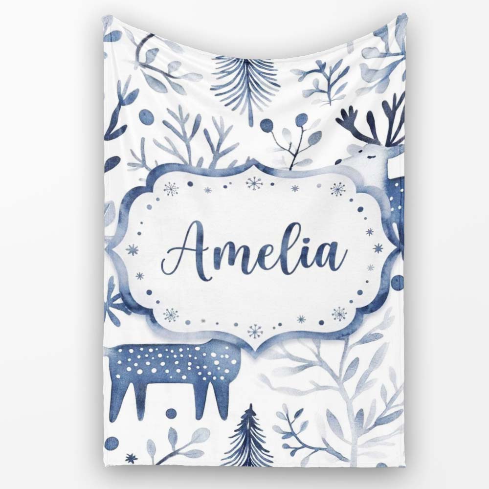 Minimal Nordic Deer Botanical Blue Grey Seamless Pattern Name Cute Personalised Custom Name Super Soft Fleece Blanket Bed Sofa Throw