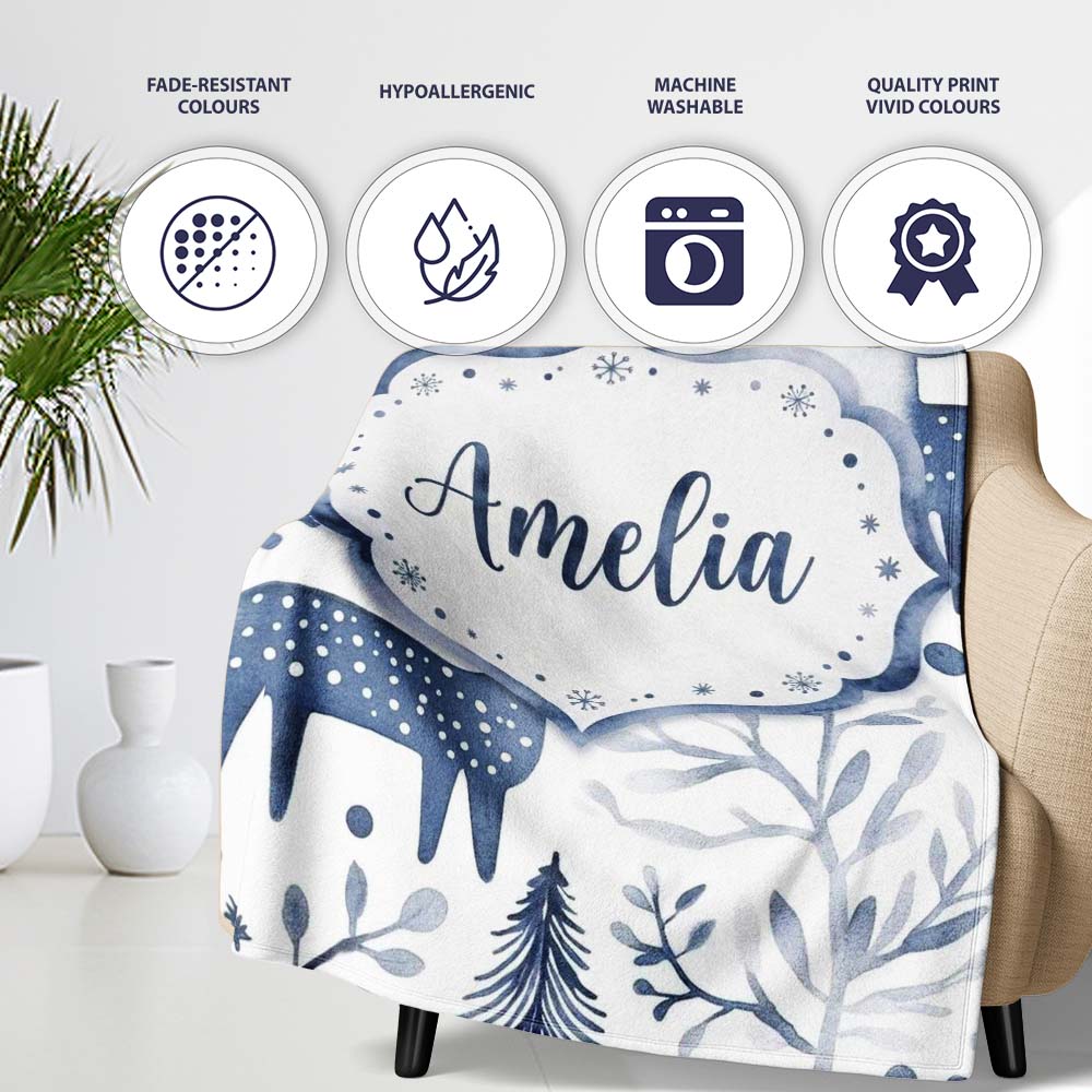 Minimal Nordic Deer Botanical Blue Grey Seamless Pattern Name Cute Personalised Custom Name Super Soft Fleece Blanket Bed Sofa Throw