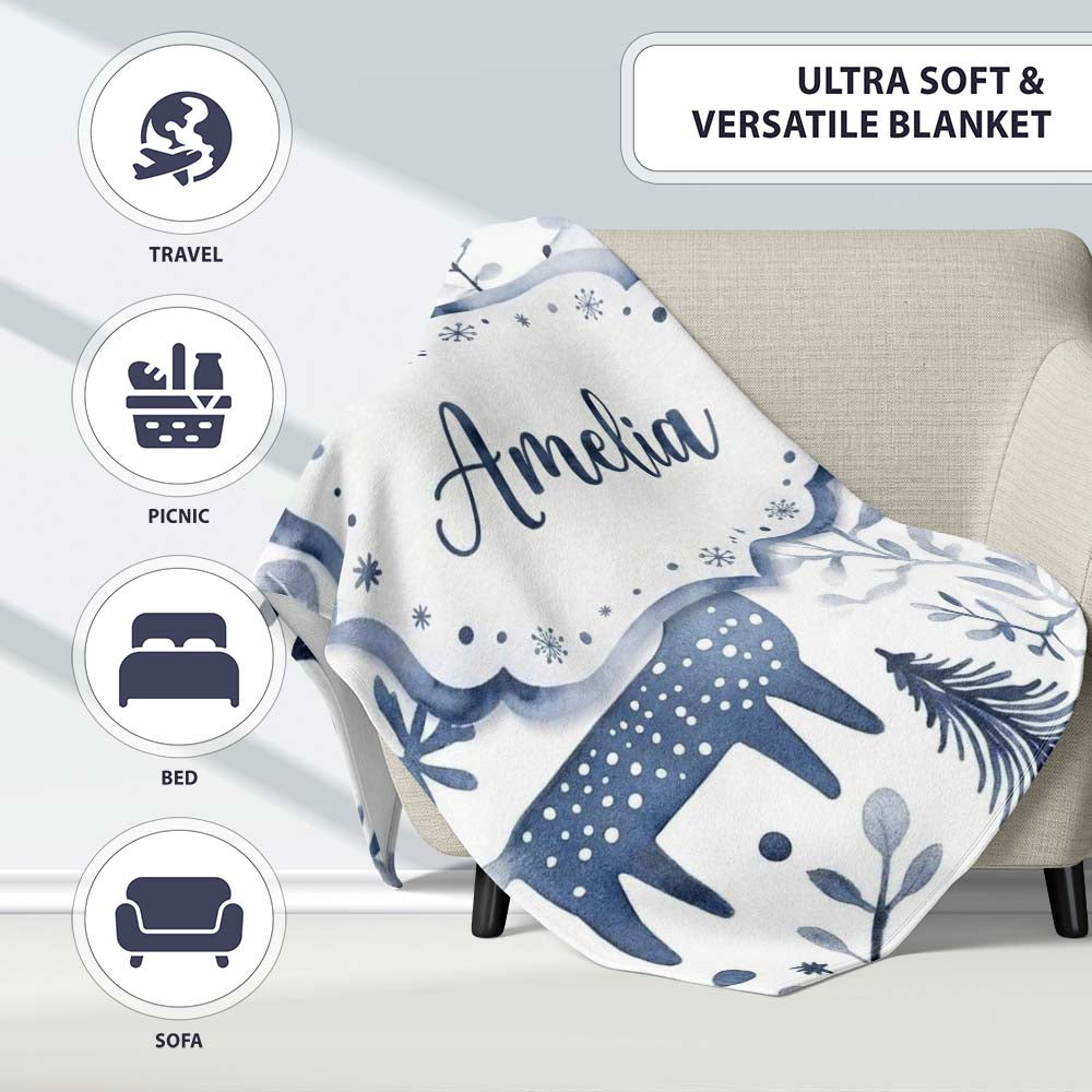Minimal Nordic Deer Botanical Blue Grey Seamless Pattern Name Cute Personalised Custom Name Super Soft Fleece Blanket Bed Sofa Throw