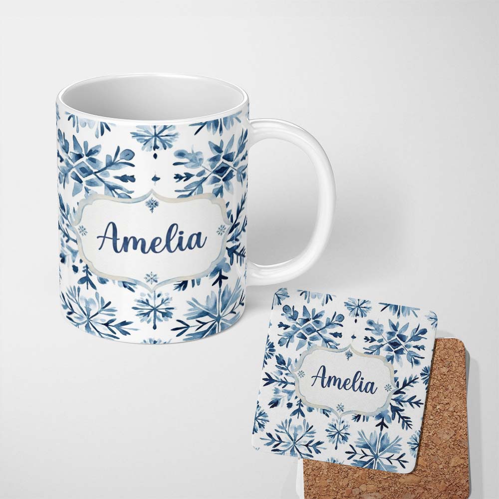 Personalized Custom Name Blue Watercolor Snowflake Floral Seamless Pattern Name Cute Unique 11oz Ceramic Coffee Tea Mug White Large Handle