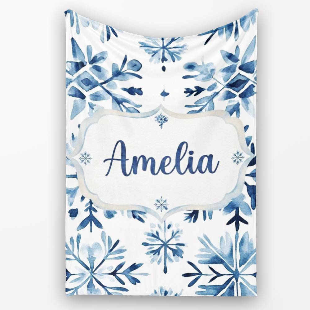 Blue Watercolor Snowflake Floral Seamless Pattern Name Cute Unique Personalised Custom Name Super Soft Fleece Blanket Bed Sofa Throw