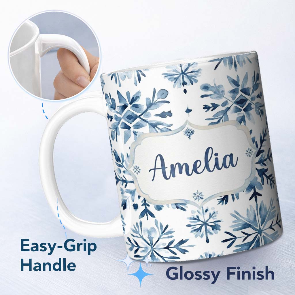 Personalized Custom Name Blue Watercolor Snowflake Floral Seamless Pattern Name Cute Unique 11oz Ceramic Coffee Tea Mug White Large Handle