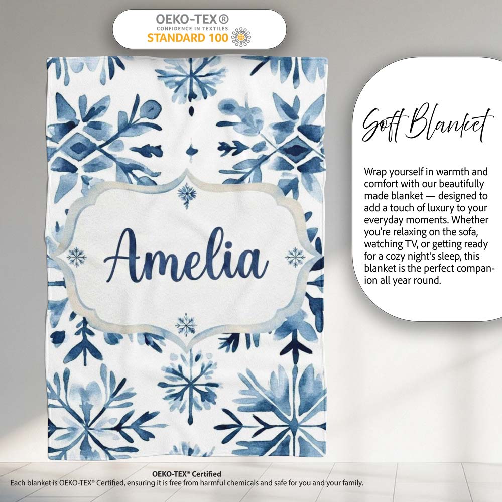 Blue Watercolor Snowflake Floral Seamless Pattern Name Cute Unique Personalised Custom Name Super Soft Fleece Blanket Bed Sofa Throw
