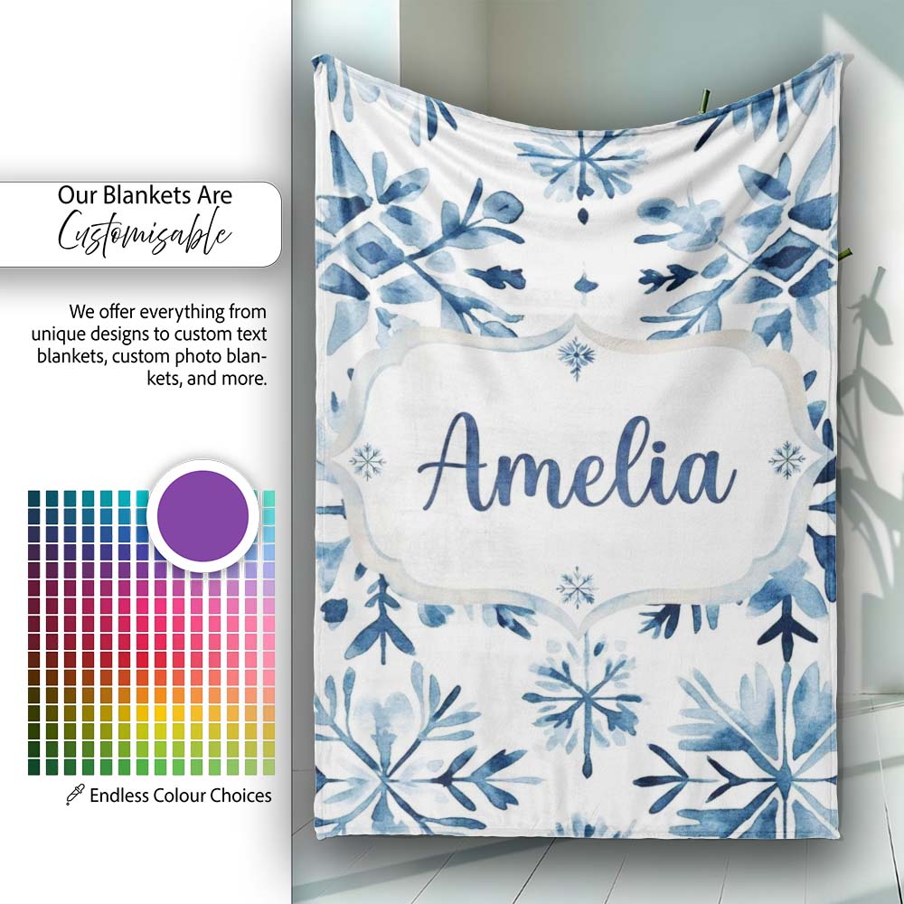 Blue Watercolor Snowflake Floral Seamless Pattern Name Cute Unique Personalised Custom Name Super Soft Fleece Blanket Bed Sofa Throw