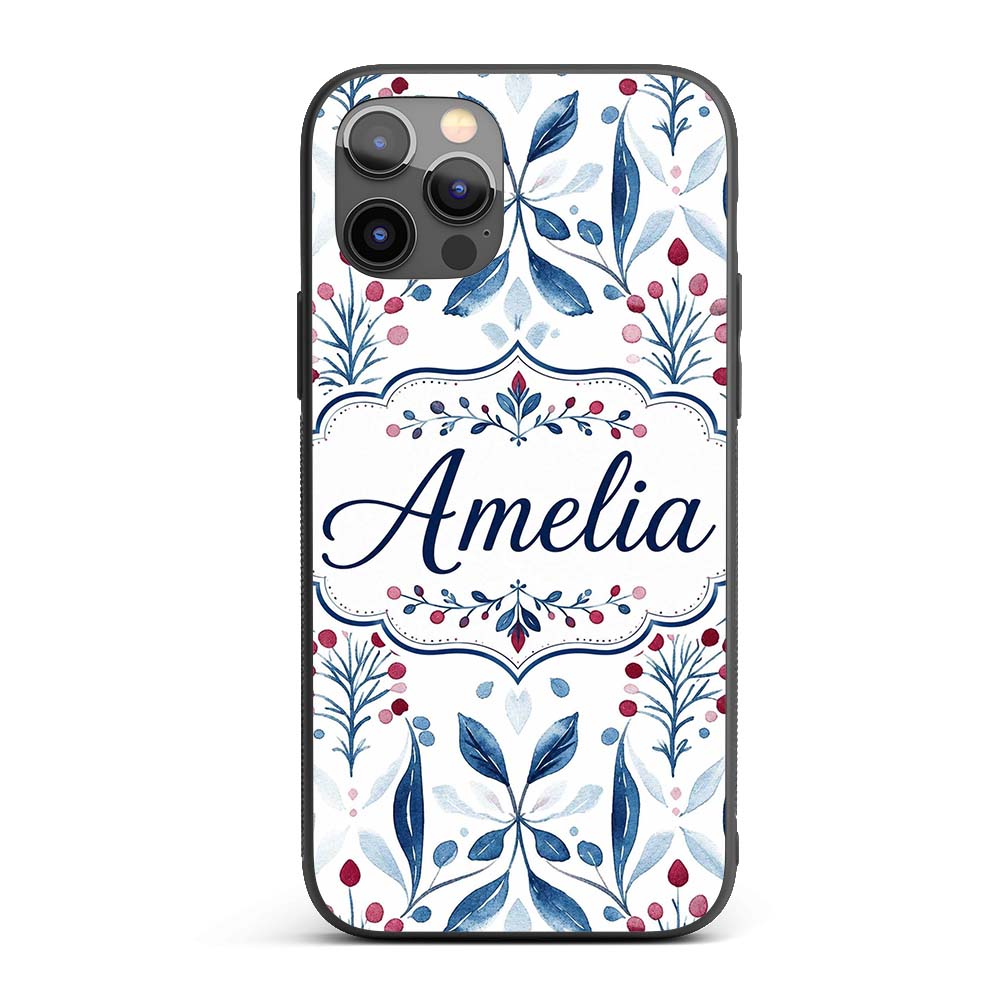 Blue Red Berry Botanical Folk Art Printed Design Custom Name Protective Phone Case Mobile Cover Durable Everyday Smartphone Shock Resistant