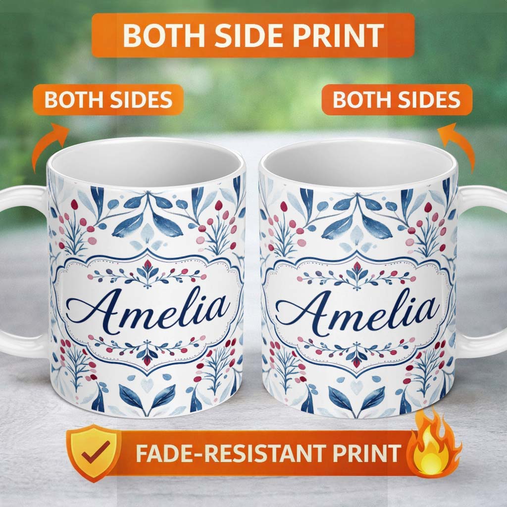 Personalized Custom Name Blue Red Berry Botanical Folk Art Seamless Pattern Name Cute Unique 11oz Ceramic Coffee Tea Mug White Large Handle