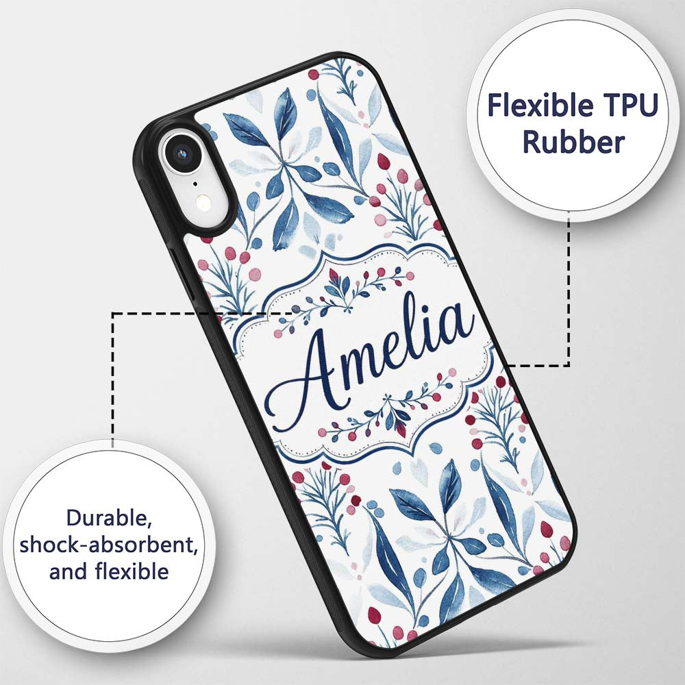 Blue Red Berry Botanical Folk Art Printed Design Custom Name Protective Phone Case Mobile Cover Durable Everyday Smartphone Shock Resistant