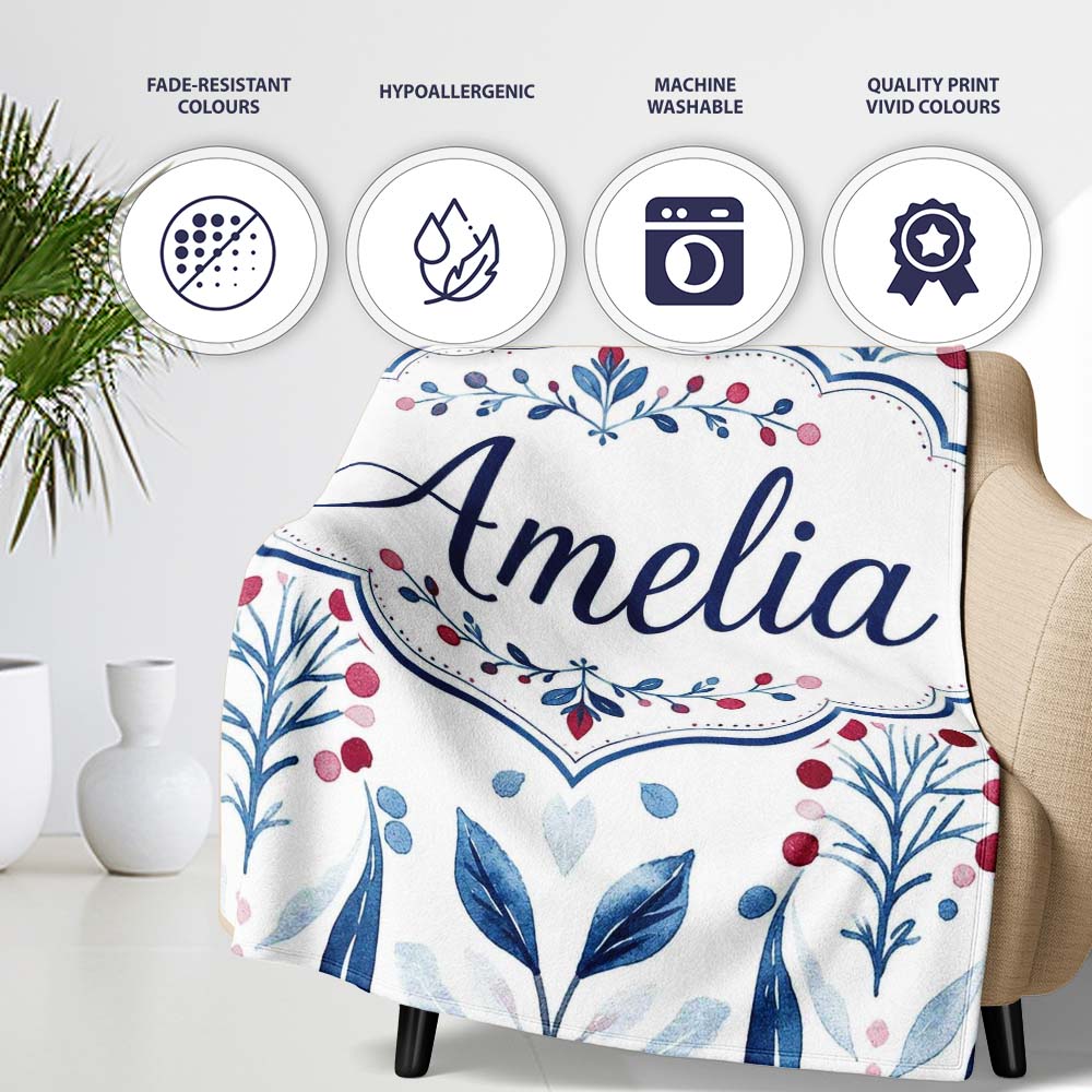 Blue Red Berry Botanical Folk Art Seamless Pattern Name Cute Unique Personalised Custom Name Super Soft Fleece Blanket Bed Sofa Throw