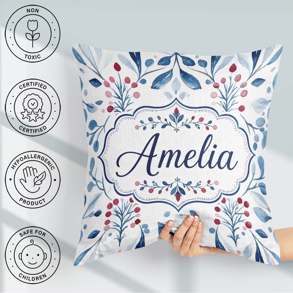 Custom Name Blue Red Berry Botanical Folk Art Seamless Name Cute Square Filled Cushion Throw Pillow Sofa Bed Home Decor Zip Washable UK Made