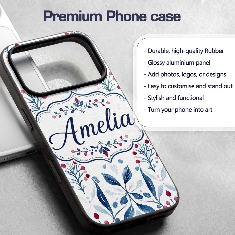 Blue Red Berry Botanical Folk Art Printed Design Custom Name Protective Phone Case Mobile Cover Durable Everyday Smartphone Shock Resistant