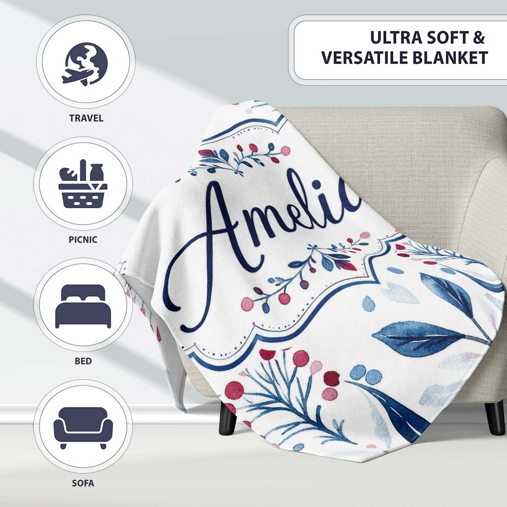 Blue Red Berry Botanical Folk Art Seamless Pattern Name Cute Unique Personalised Custom Name Super Soft Fleece Blanket Bed Sofa Throw