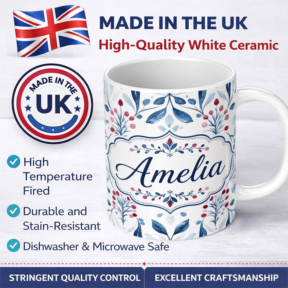 Personalized Custom Name Blue Red Berry Botanical Folk Art Seamless Pattern Name Cute Unique 11oz Ceramic Coffee Tea Mug White Large Handle